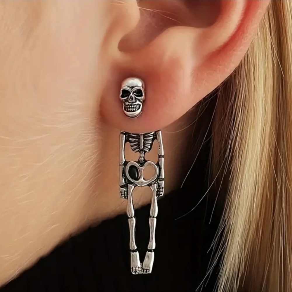 NWT!Silver Plated Zinc Alloy Stainless Steel Grunge Style Skelton Drop Earrings
